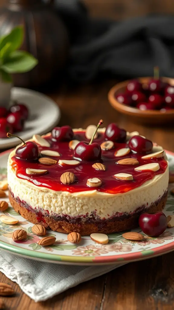A beautifully presented Cherry Almond Cheesecake topped with cherries and almonds on a floral plate.