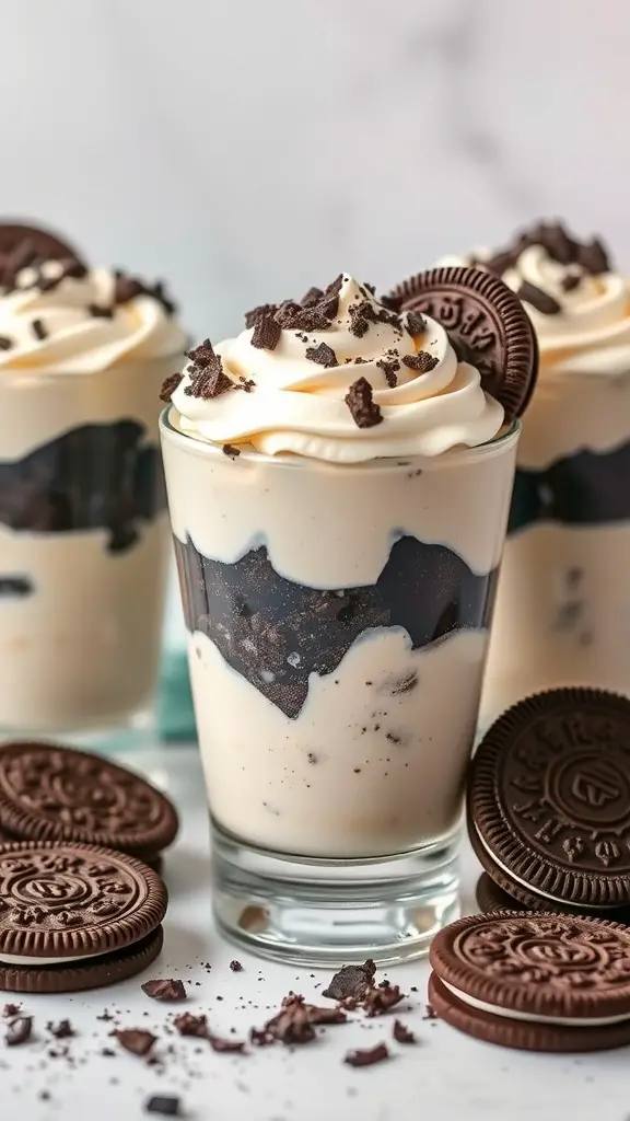 Delicious Oreo pudding parfaits in clear glasses, topped with whipped cream and crushed Oreos.