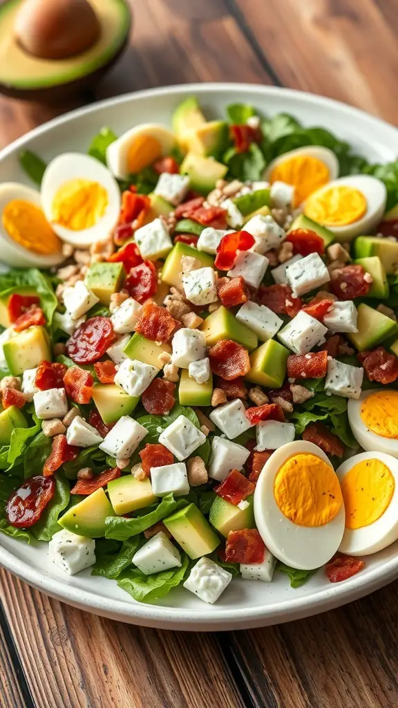 A colorful Cobb salad with avocado, bacon, hard-boiled eggs, and greens on a white plate.