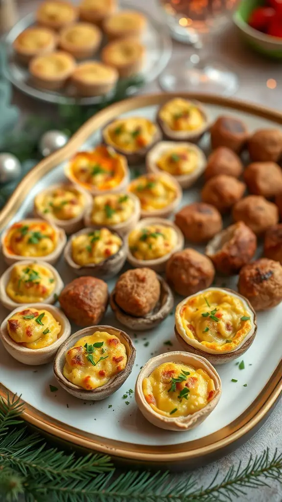 A platter of savory finger foods including mini quiches and meatballs, perfect for sharing at an office potluck.