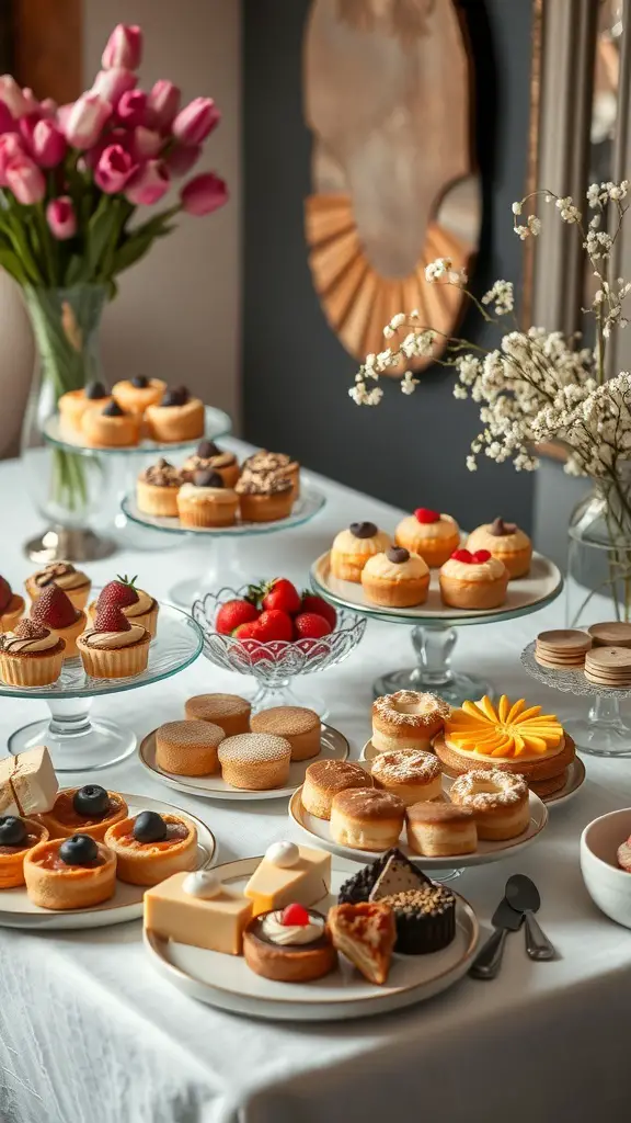 A beautifully arranged dessert table featuring various sweet treats, including cupcakes, pastries, and fresh fruit.
