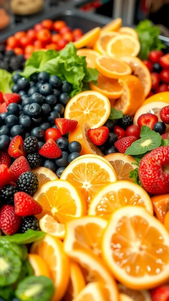 A colorful display of fresh fruits including strawberries, blueberries, blackberries, oranges, and lemons arranged on a salad bar.