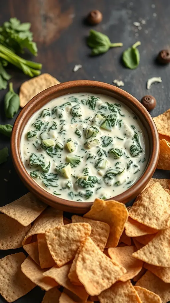 A bowl of spinach and artichoke dip surrounded by tortilla chips