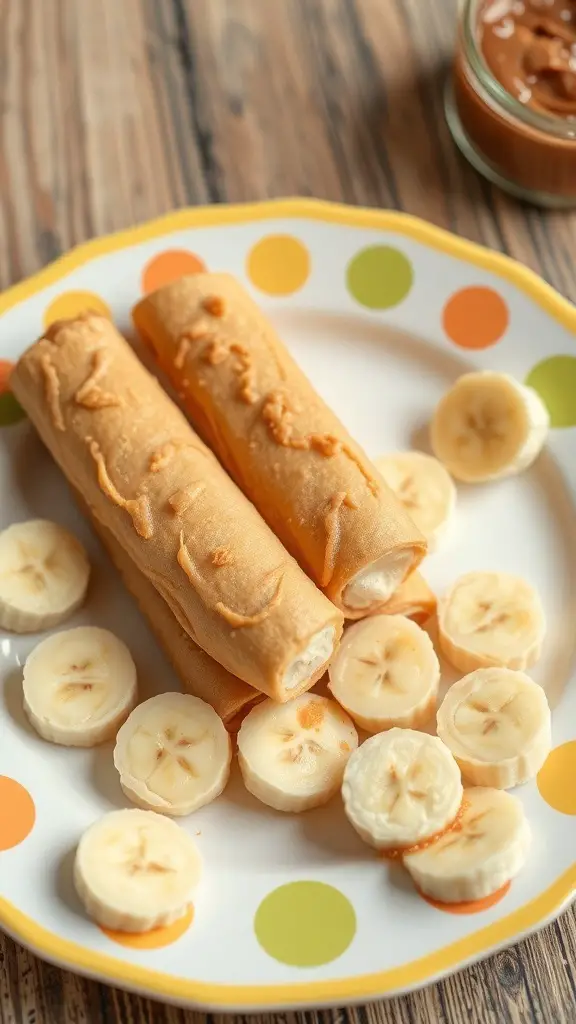 A plate with peanut butter and banana roll-ups and sliced bananas