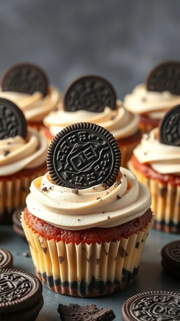 Delicious Oreo cheesecake cupcakes topped with frosting and an Oreo cookie