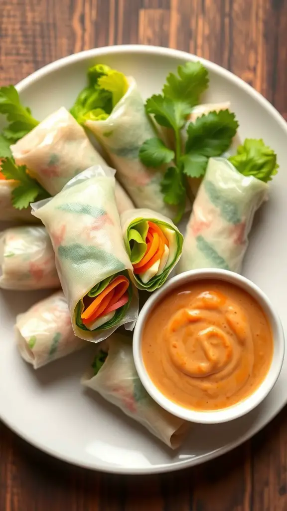 A plate of vegetable spring rolls with a bowl of peanut sauce