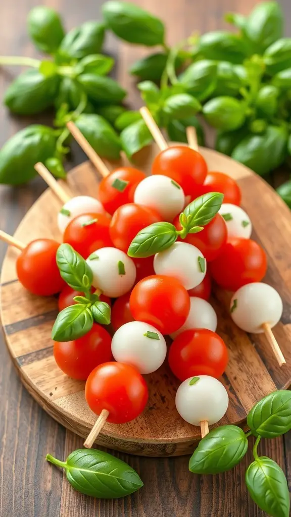 A platter of mini Caprese skewers with cherry tomatoes, mozzarella balls, and fresh basil.