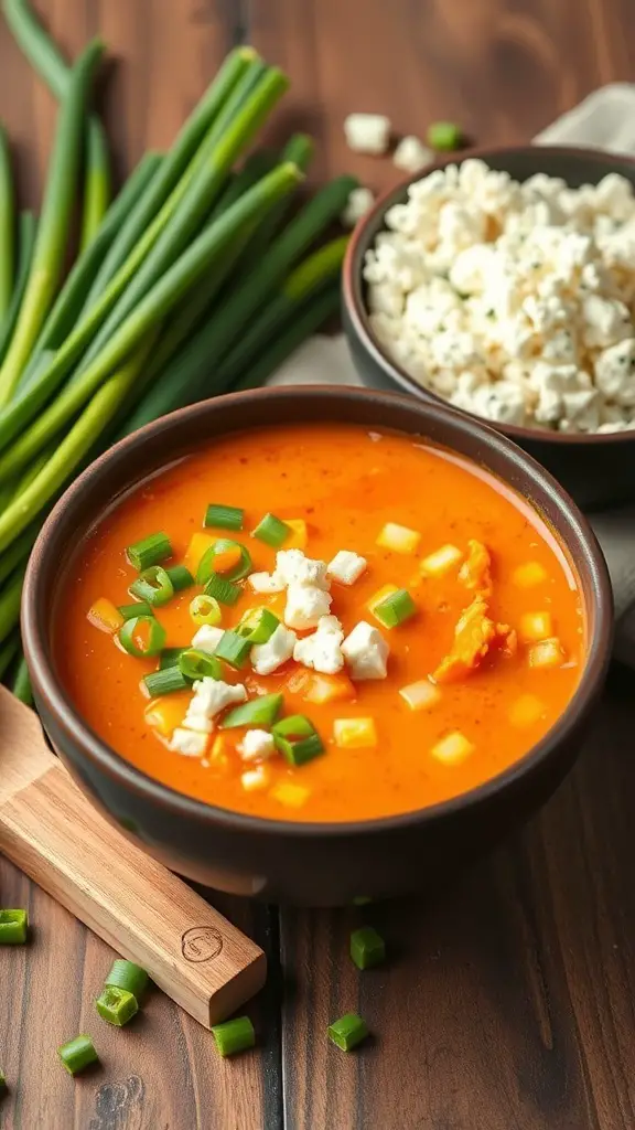 A bowl of Buffalo Chicken Soup garnished with green onions and cheese, with green onions and popcorn in the background.