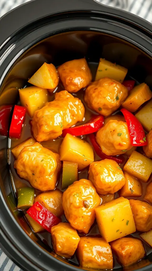 Crockpot sweet and sour chicken bites with peppers and pineapple