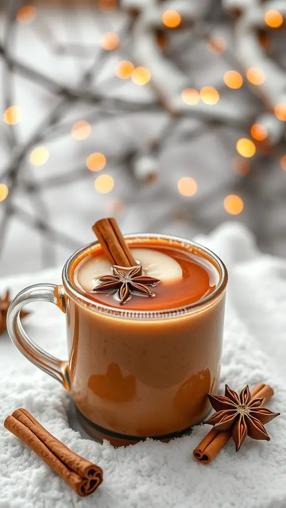 A cozy mug of spiced apple cider with cinnamon sticks and star anise, set against a snowy background with twinkling lights.
