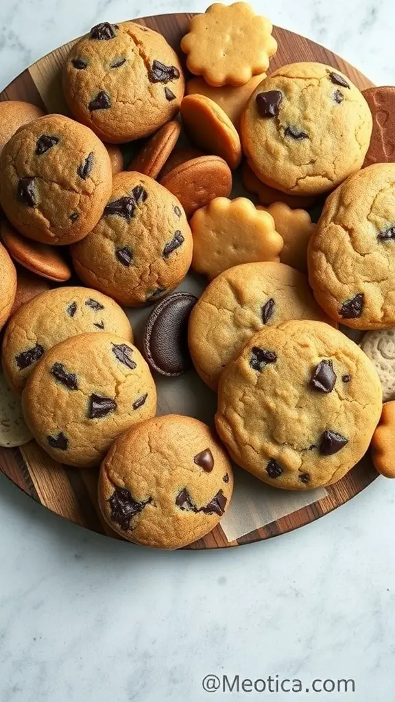 A variety of cookies arranged on a wooden platter, showcasing both chocolate chip and other types of cookies.