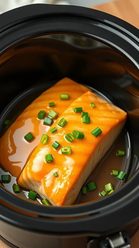 Honey mustard glazed salmon fillets in a slow cooker with green onions on top