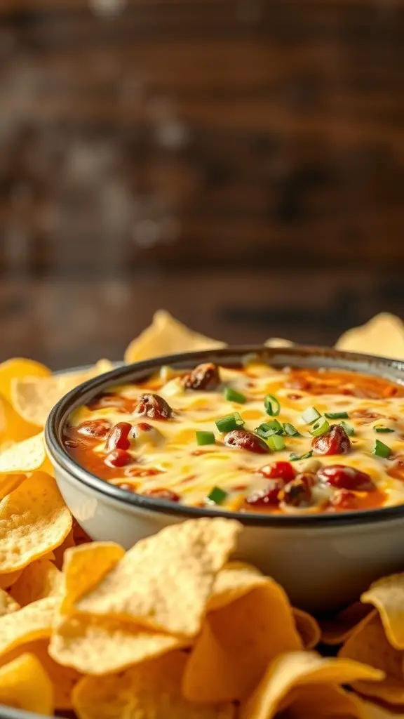 A bowl of chili cheese dip surrounded by corn chips, ready for serving.