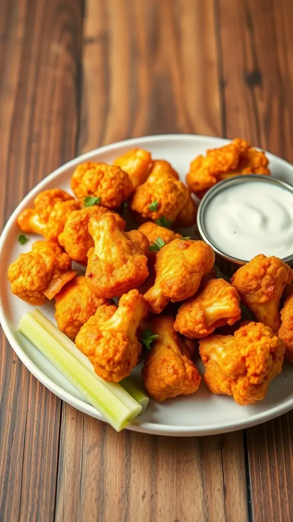 A plate of crispy cauliflower buffalo wings with celery sticks and a small bowl of dip.