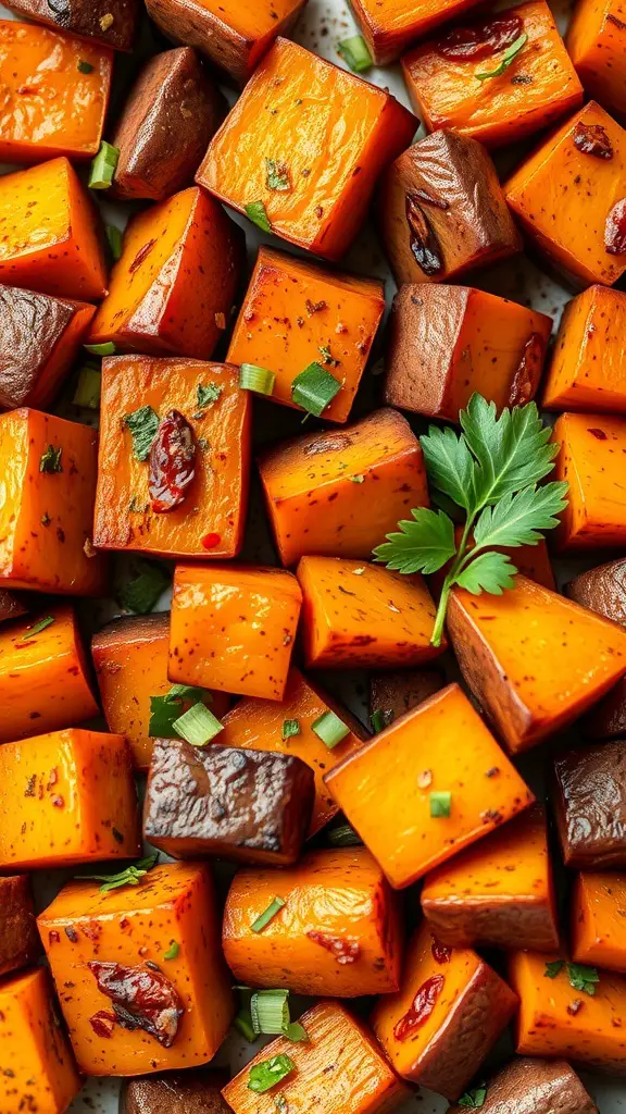 A close-up of spicy roasted sweet potatoes, cut into cubes and garnished with herbs.