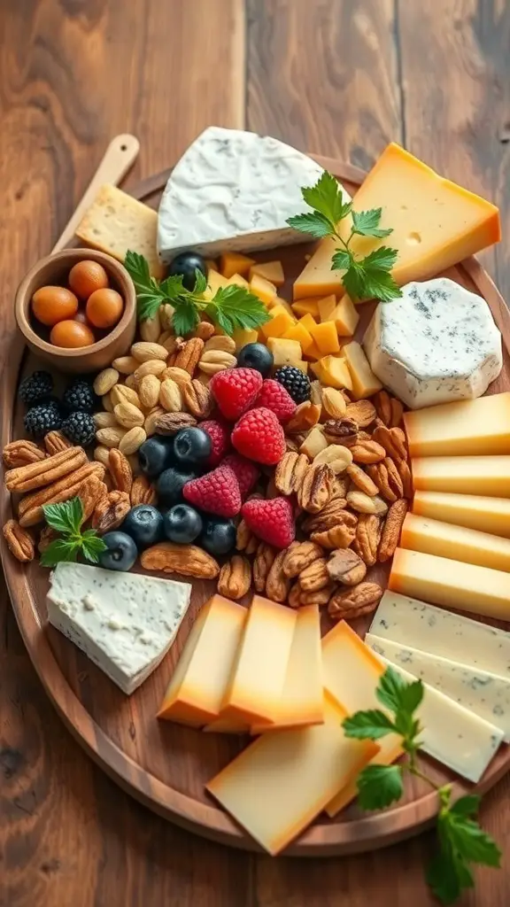 A beautifully arranged cheese board with various cheeses, nuts, and fresh fruits.