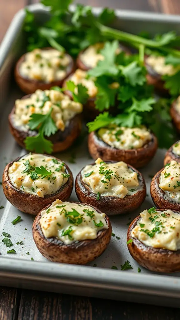 A tray of savory stuffed mushrooms topped with cheese and garnished with fresh herbs.
