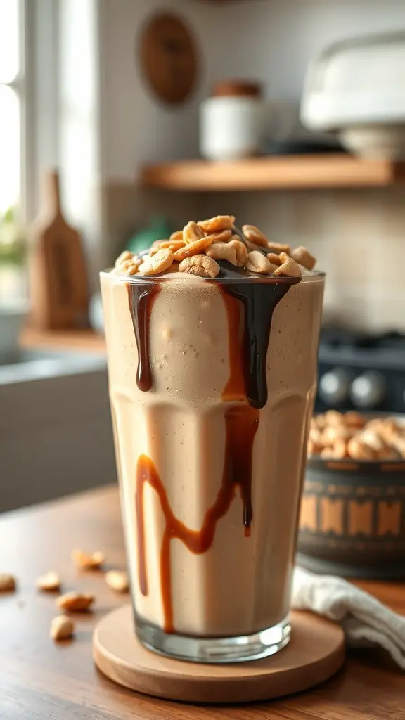 A tall glass of Peanut Butter Cup Smoothie topped with chocolate syrup and crushed peanuts.