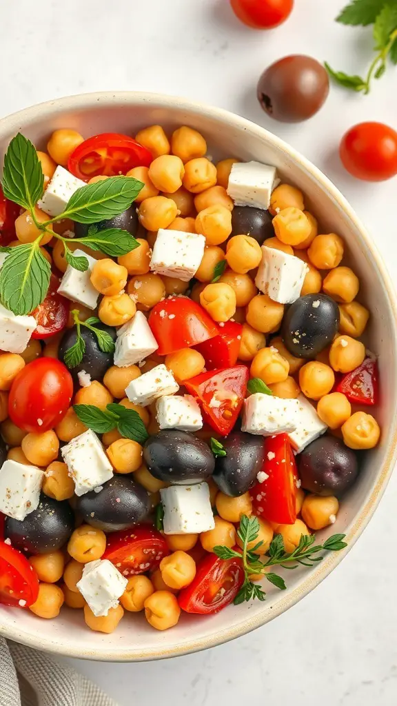 A bowl of Mediterranean Chickpea Salad with chickpeas, cherry tomatoes, olives, and feta cheese.