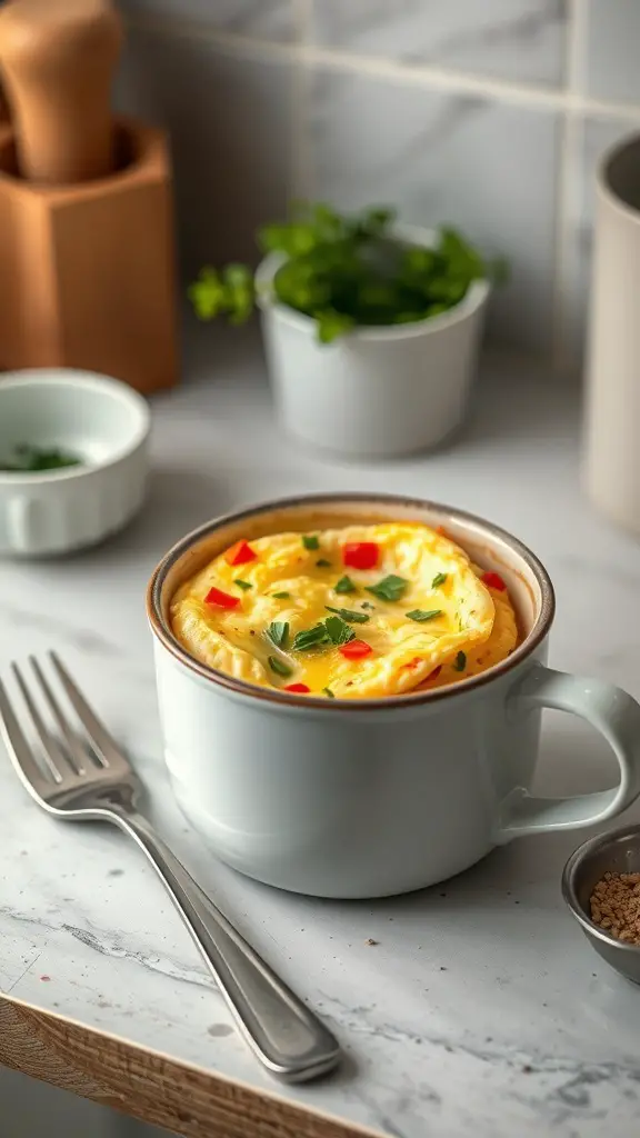 A microwave mug omelet topped with diced peppers and herbs, sitting on a marble countertop.