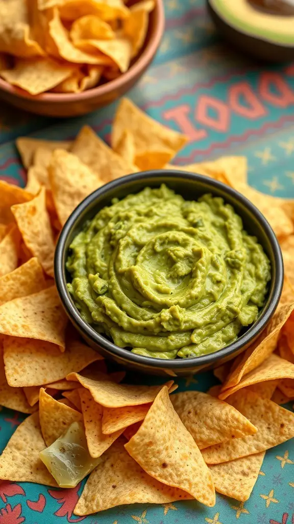 A bowl of homemade guacamole surrounded by tortilla chips on a colorful table.