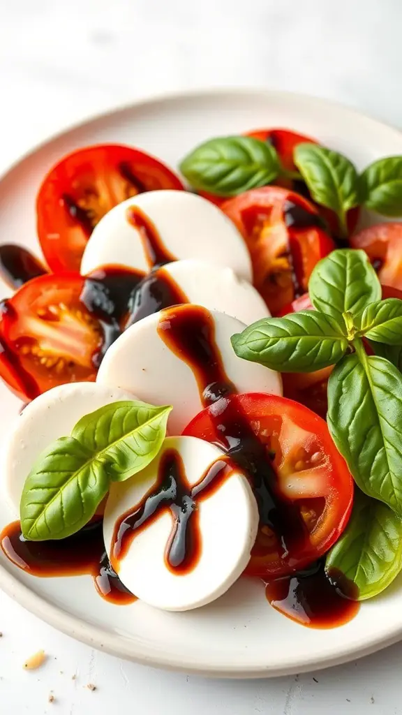 A plate of Caprese salad featuring sliced tomatoes, mozzarella cheese, fresh basil, and balsamic reduction.