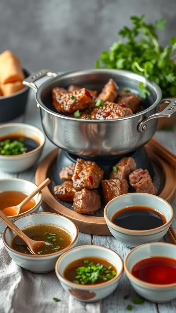 A delicious setup for Ginger Soy Beef Fondue with tender beef pieces and various dipping sauces.