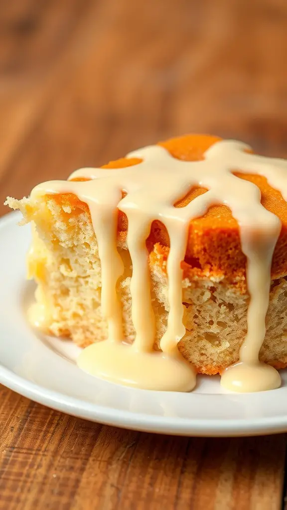 Slice of vanilla cake topped with sweetened condensed milk