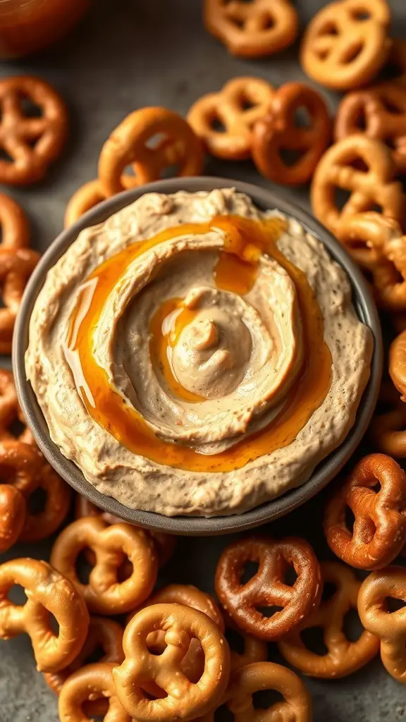 A creamy peanut butter dip drizzled with honey, surrounded by pretzels.