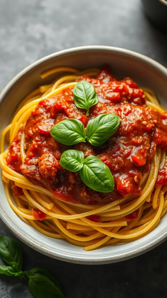 Bowl of spaghetti squash topped with marinara sauce and basil leaves