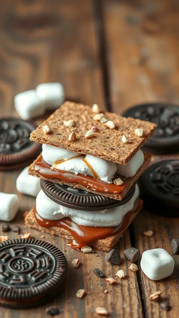 A stack of Oreo S'mores with graham crackers, marshmallows, and chocolate sauce on a wooden table.