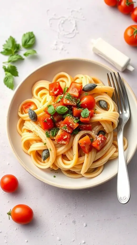 A bowl of pasta topped with fresh tomatoes and herbs, showcasing a healthy meal option for toddlers.