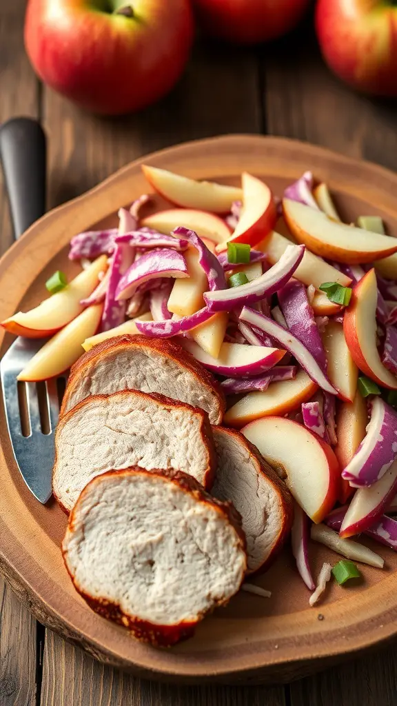A plate featuring sliced pork tenderloin alongside a colorful apple slaw, with whole apples in the background.