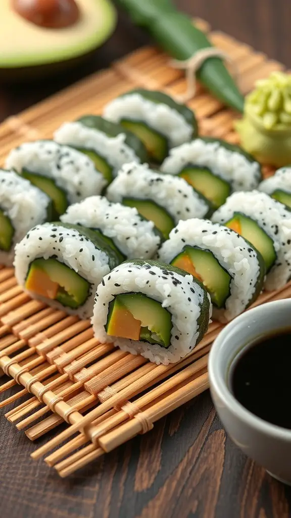 Cucumber and avocado sushi rolls arranged on a bamboo mat with soy sauce and wasabi on the side.