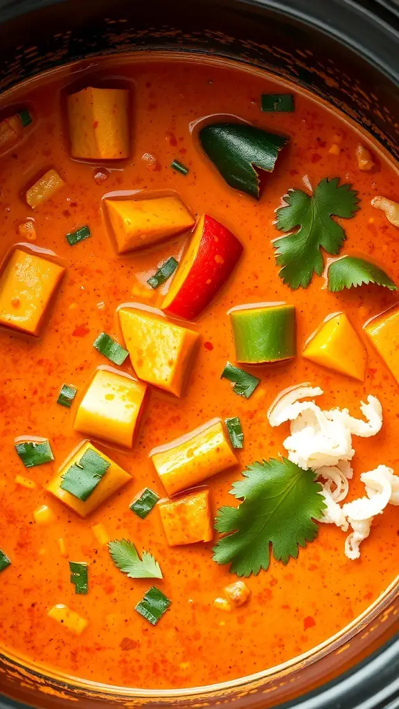 A bowl of spicy Thai coconut curry with tofu and colorful vegetables.