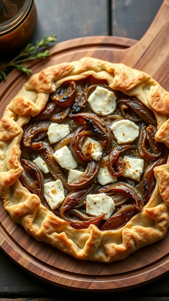 A caramelized onion and goat cheese galette on a wooden board, showcasing a flaky crust and rich filling.