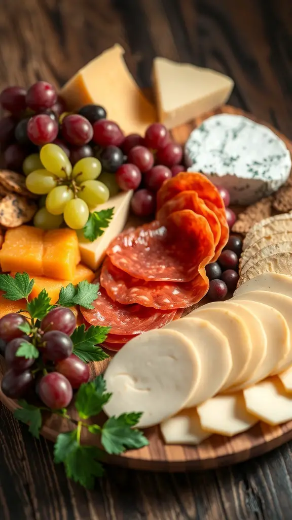 A charcuterie board featuring capicola and various cheeses, garnished with grapes and herbs.