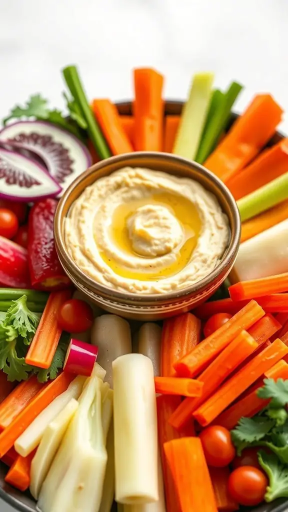 A colorful platter featuring zesty lemon garlic hummus surrounded by an assortment of fresh vegetables.