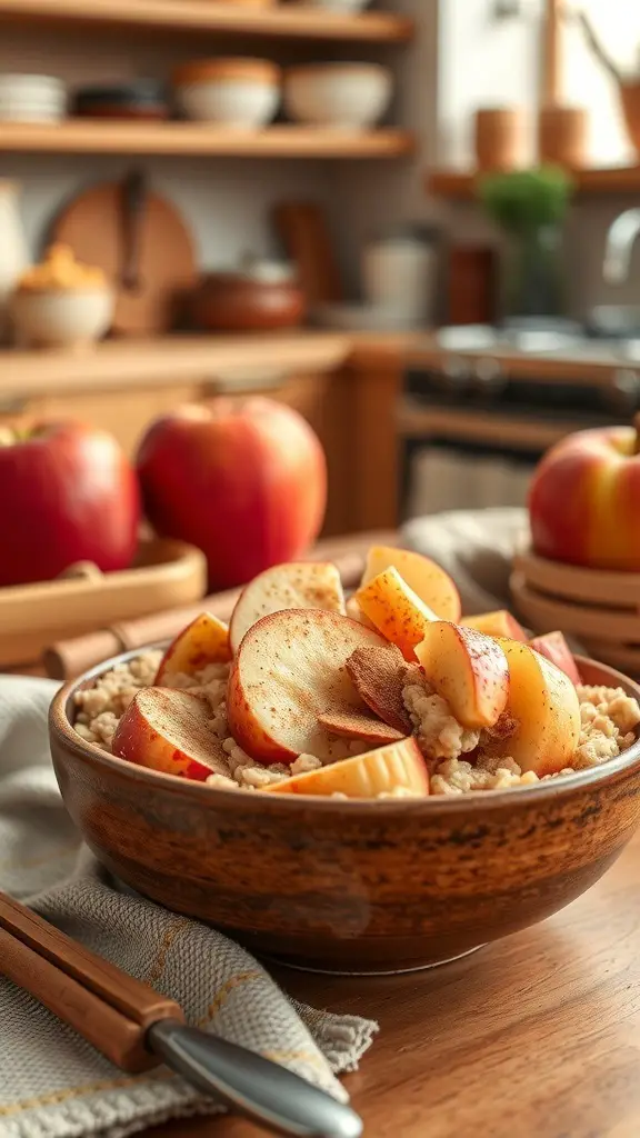 A bowl of apple cinnamon oatmeal topped with fresh apple slices, surrounded by apples and kitchen decor.