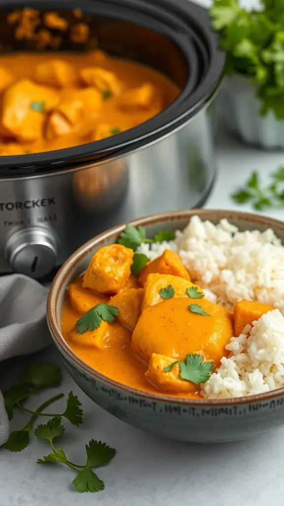 A bowl of coconut curry chicken with jasmine rice, garnished with cilantro, next to a crockpot.