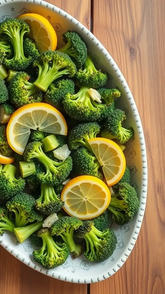 A dish of garlic roasted broccoli with lemon slices on a wooden table