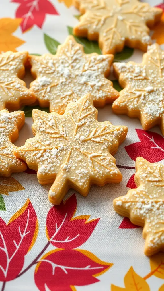 Maple leaf shaped shortbread cookies dusted with powdered sugar on a colorful autumn-themed tablecloth.
