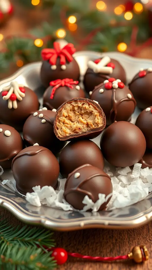 A platter of chocolate-coated peanut butter balls decorated for Christmas.