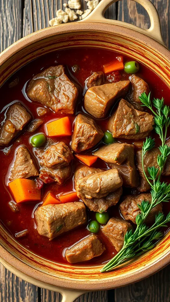 A bowl of hearty beef stew with chunks of beef, carrots, and peas in a rich broth.