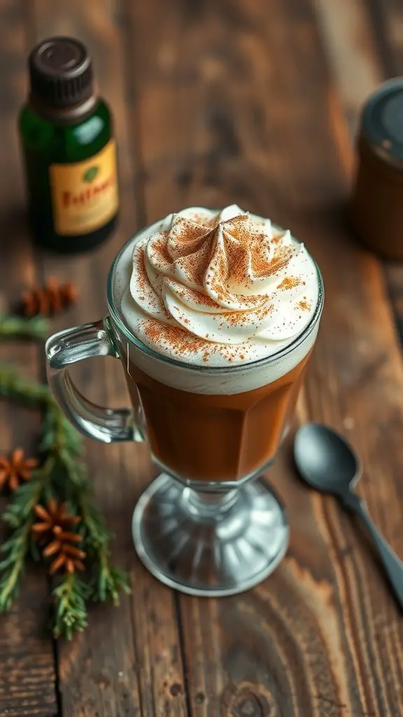 A glass of Irish coffee topped with whipped cream and sprinkled with cinnamon, surrounded by pine branches and a bottle of flavoring.