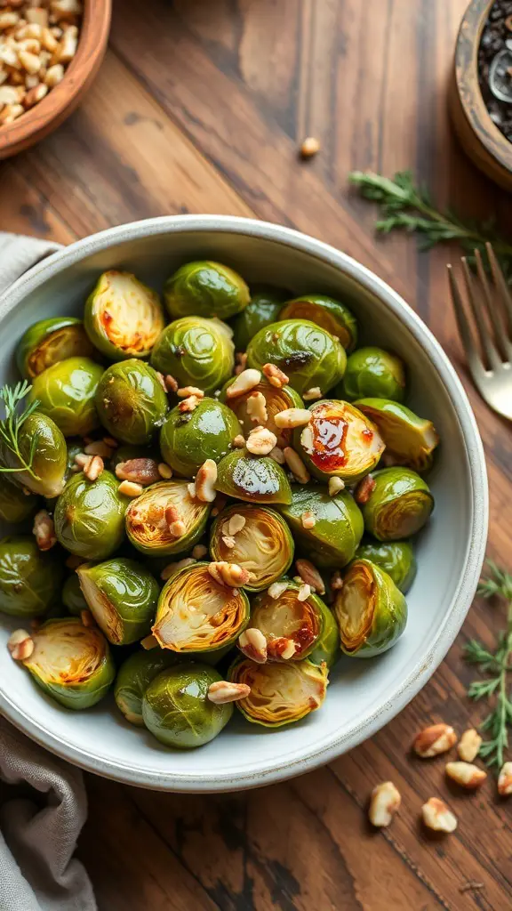 Balsamic glazed Brussels sprouts in a bowl with nuts on top