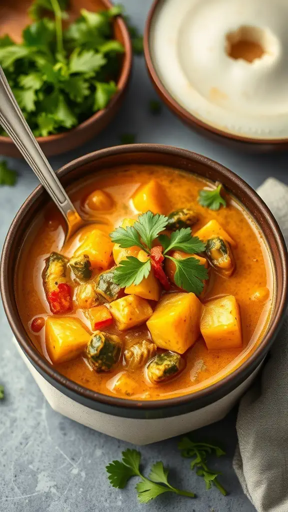 A bowl of coconut curry vegetable stew with colorful vegetables and fresh herbs.