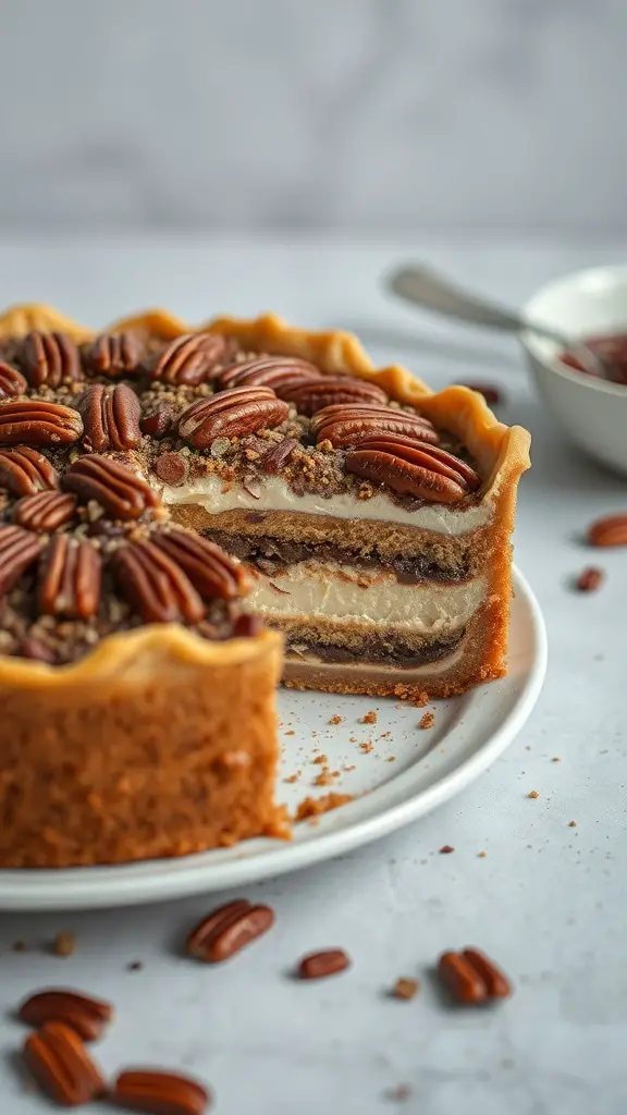 A slice of pecan pie cake with layers of creamy filling and topped with pecans.