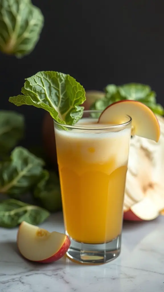 A glass of Cabbage and Apple Smoothie Juice garnished with a cabbage leaf and apple slice, surrounded by fresh cabbage and apples.