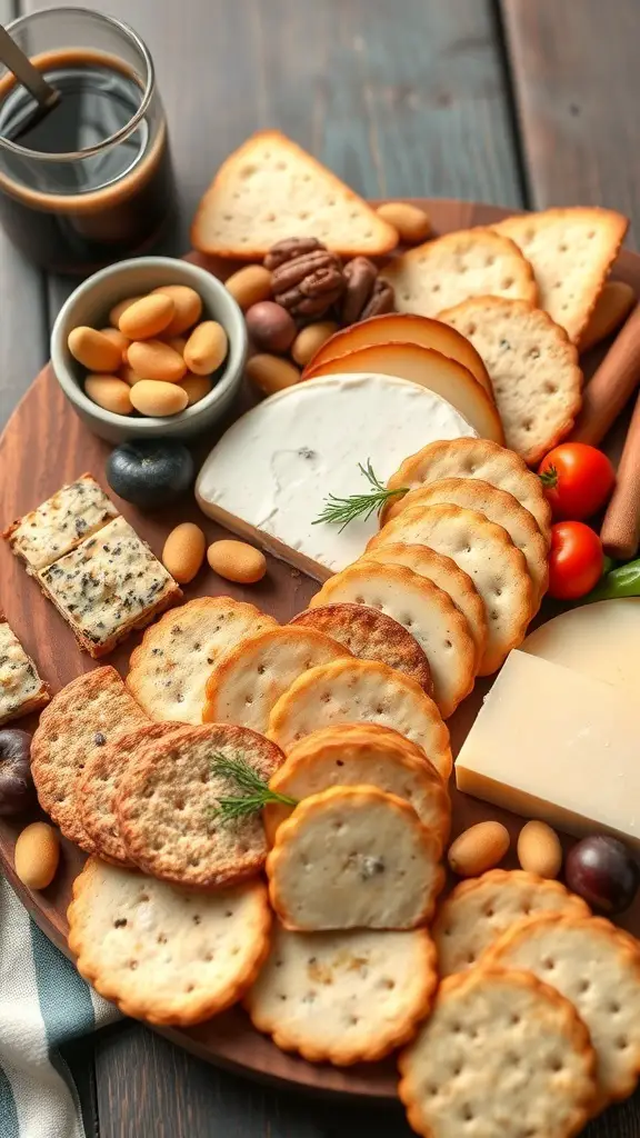 A winter charcuterie board featuring artisan crackers, various cheeses, nuts, and cherry tomatoes.